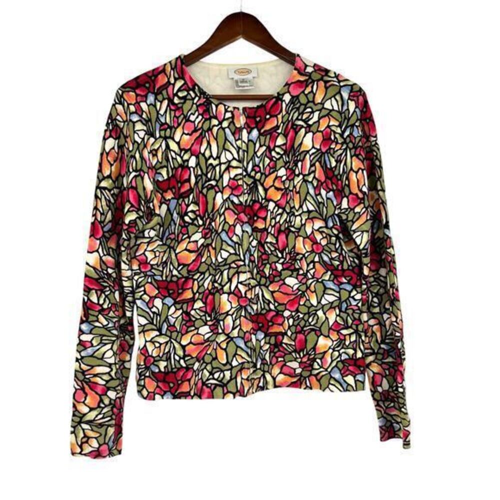 Vintage Talbots Cardigan Stained Glass Mosaic Floral Pattern Zip Front sz medium